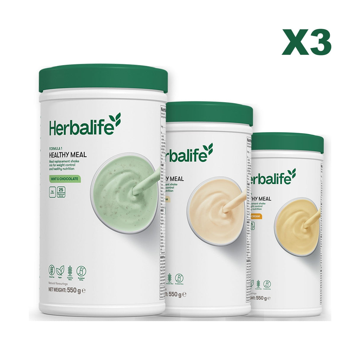 Three Formula 1 shake tubs led by Mint Chocolate, plus two flavours you choose, Vanilla / Banana Cream