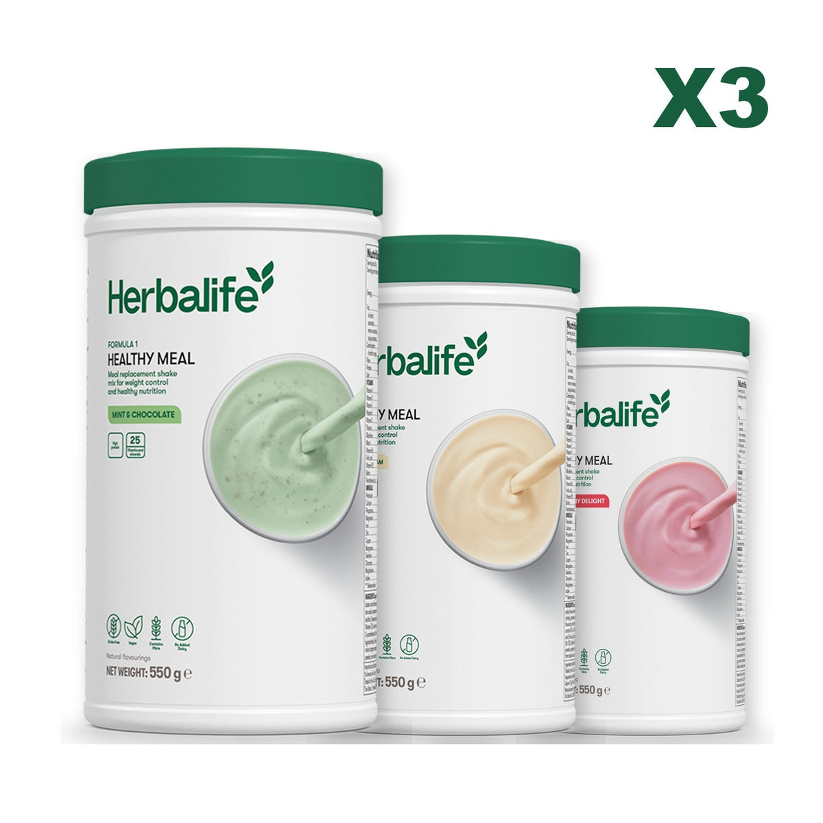Three Formula 1 shake tubs led by Mint Chocolate, plus two flavours you choose, Vanilla / Strawberry