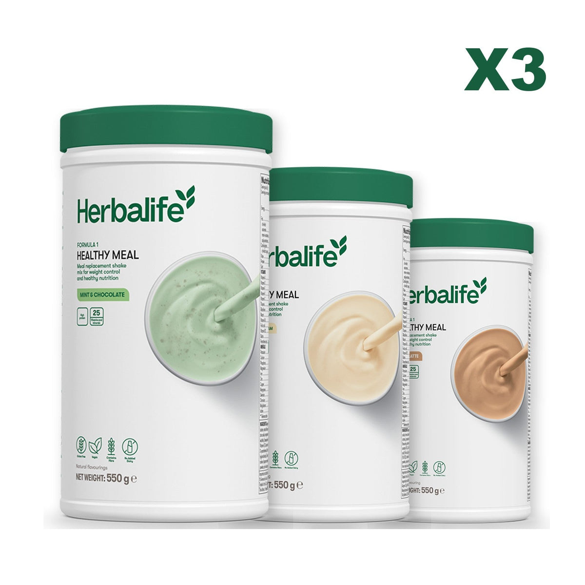 Three Formula 1 shake tubs led by Mint Chocolate, plus two flavours you choose, Vanilla / Cafe Latte