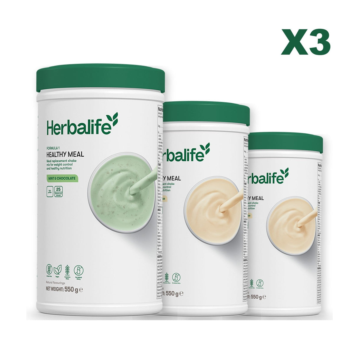 Three Formula 1 shake tubs led by Mint Chocolate, plus two flavours you choose, Vanilla / Vanilla