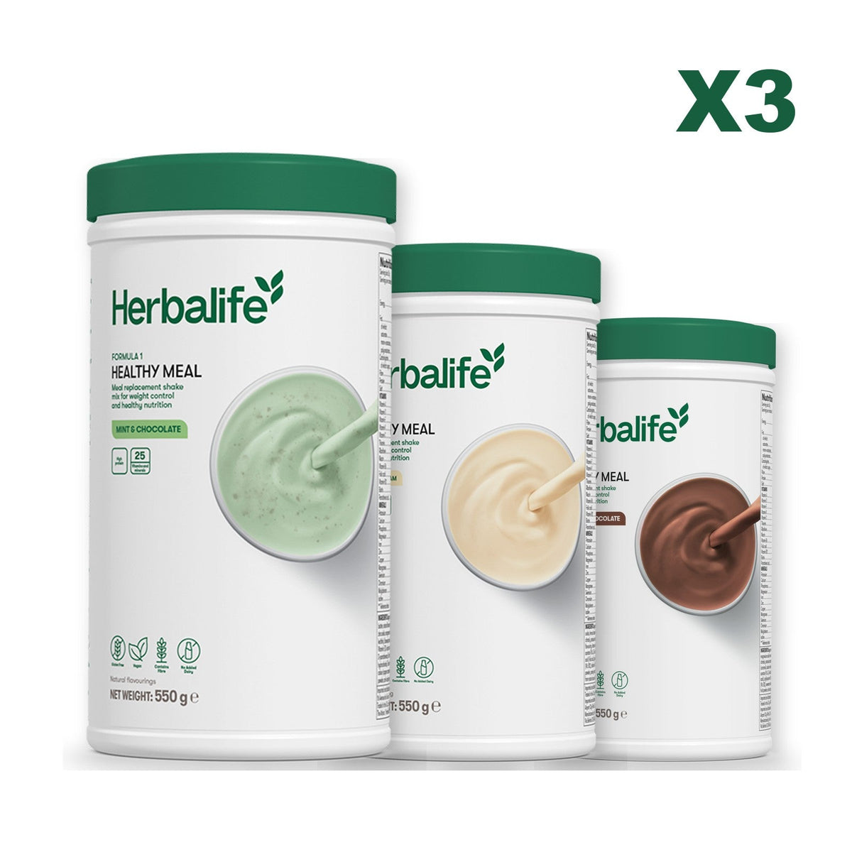 Three Formula 1 shake tubs led by Mint Chocolate, plus two flavours you choose, Vanilla / Chocolate