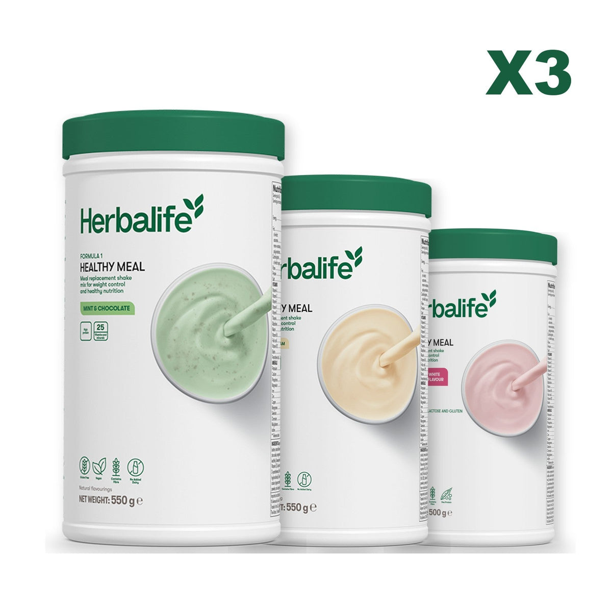 Three Formula 1 shake tubs led by Mint Chocolate, plus two flavours you choose, Vanilla / Free From Raspberry & White Chocolate