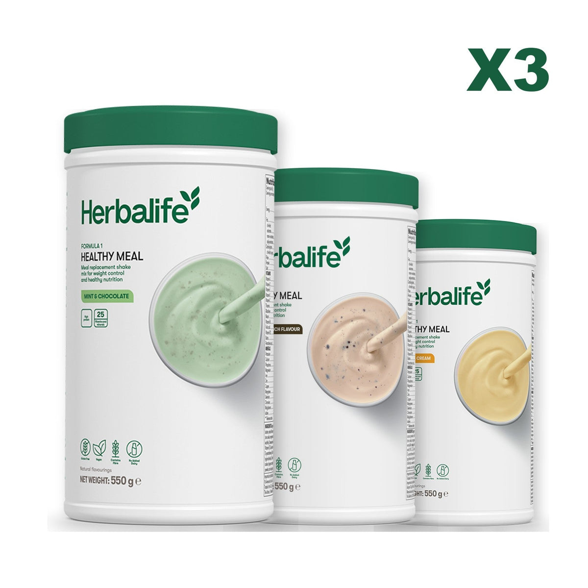 Three Formula 1 shake tubs led by Mint Chocolate, plus two flavours you choose, Cookie Crunch / Banana Cream