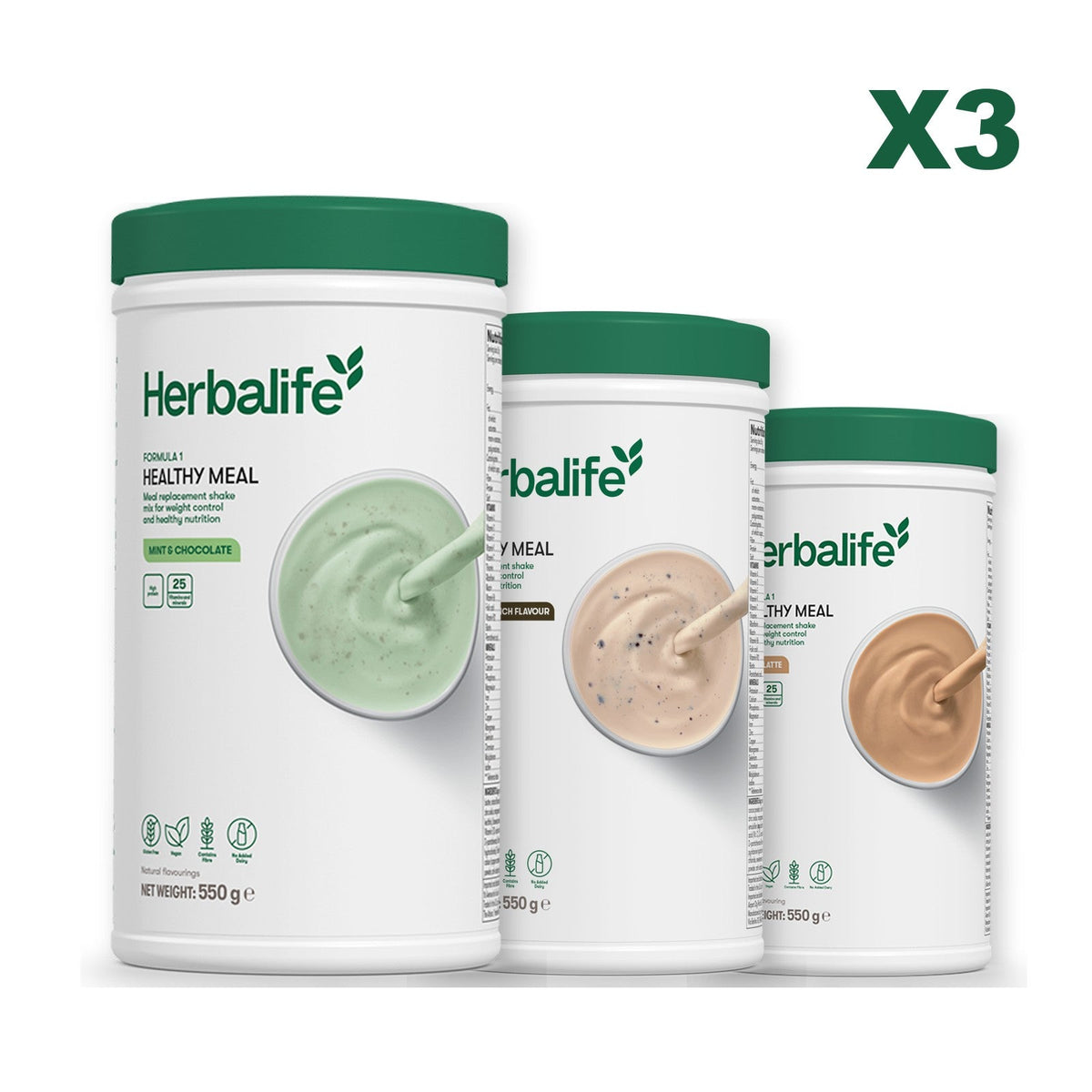 Three Formula 1 shake tubs led by Mint Chocolate, plus two flavours you choose, Cookie Crunch / Cafe Latte