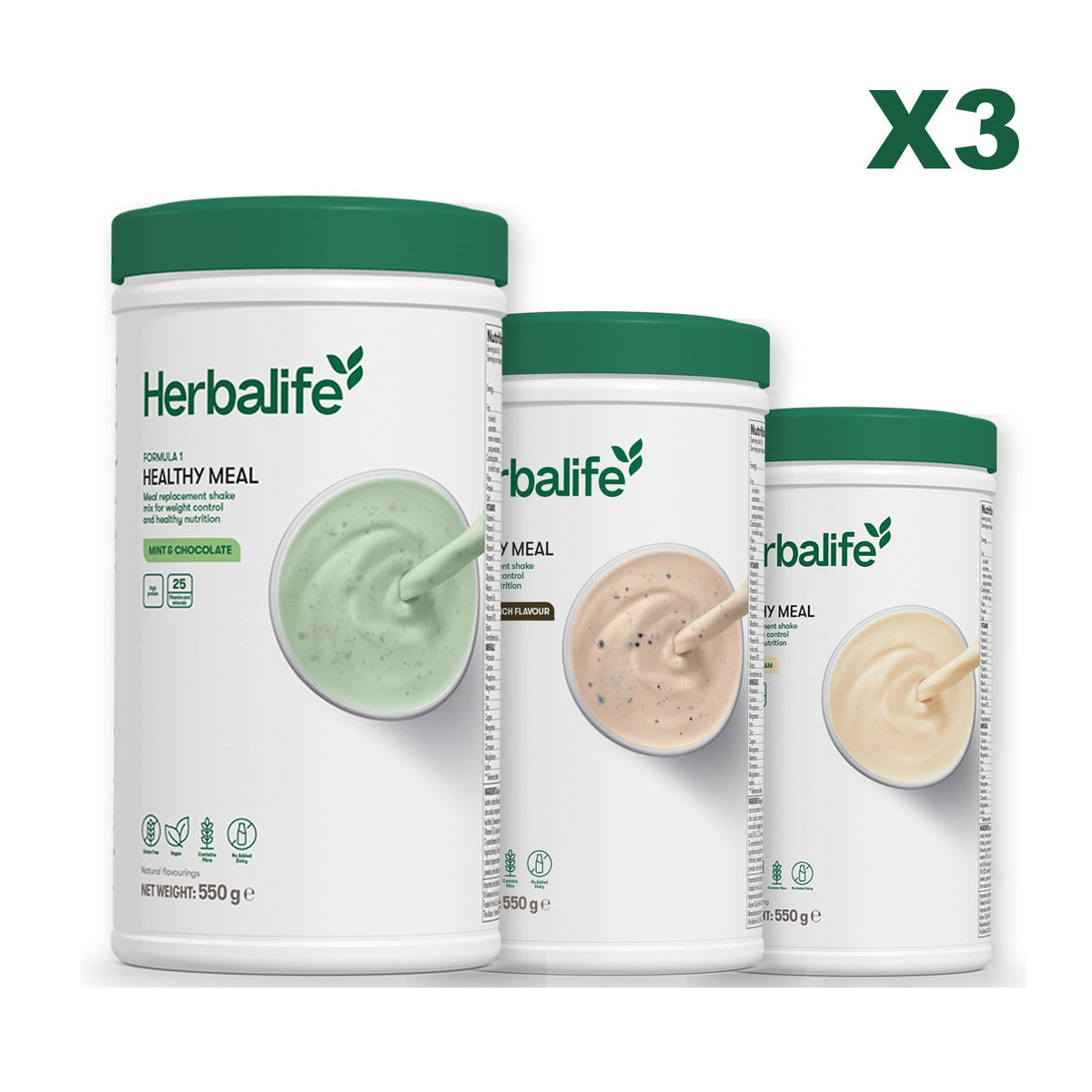 Three Formula 1 shake tubs led by Mint Chocolate, plus two flavours you choose, Cookie Crunch / Vanilla