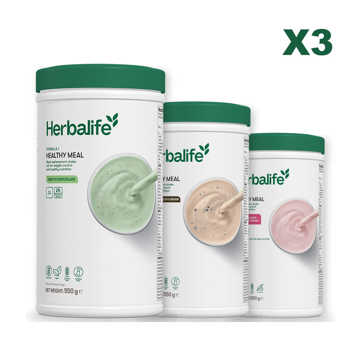 Three Formula 1 shake tubs led by Mint Chocolate, plus two flavours you choose, Cookie Crunch / Free From Raspberry & White Chocolate