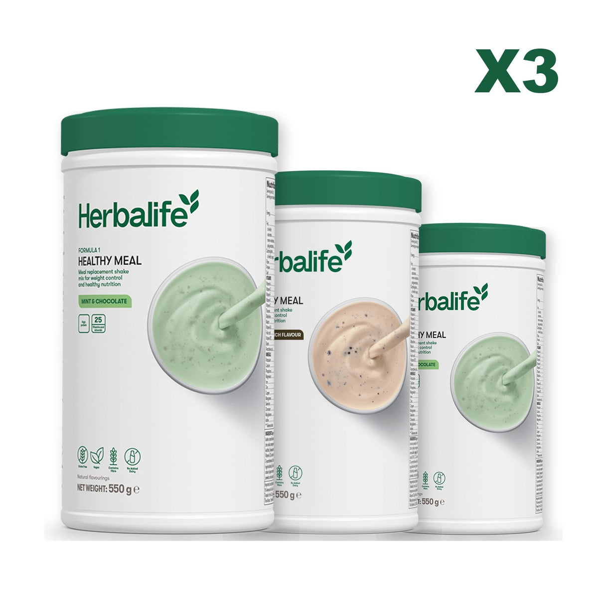 Three Formula 1 shake tubs led by Mint Chocolate, plus two flavours you choose, Cookie Crunch / Mint Chocolate