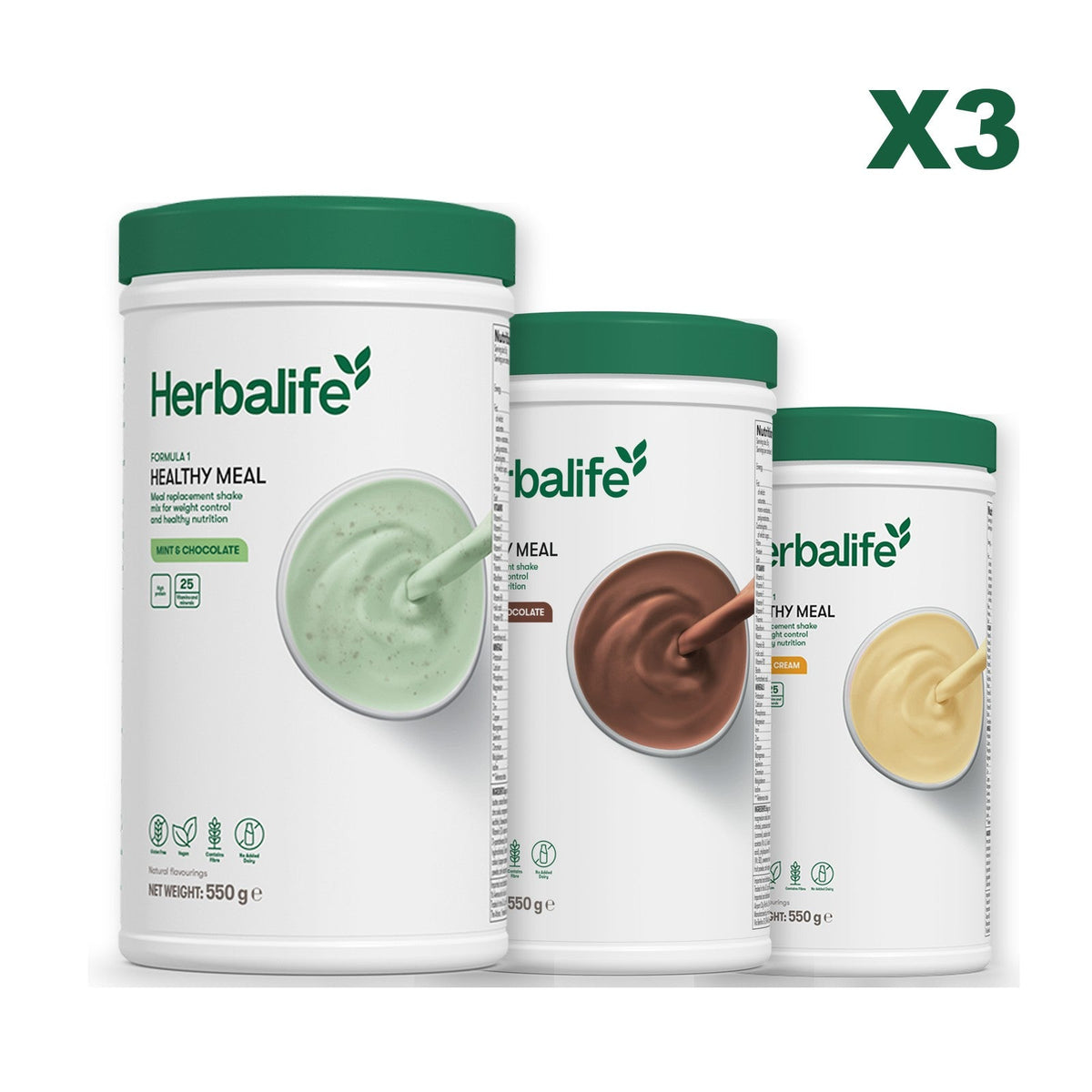Three Formula 1 shake tubs led by Mint Chocolate, plus two flavours you choose, Chocolate / Banana Cream