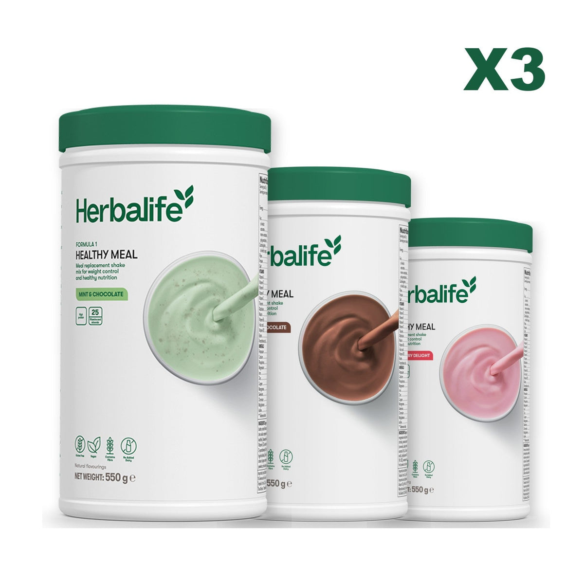 Three Formula 1 shake tubs led by Mint Chocolate, plus two flavours you choose, Chocolate / Strawberry