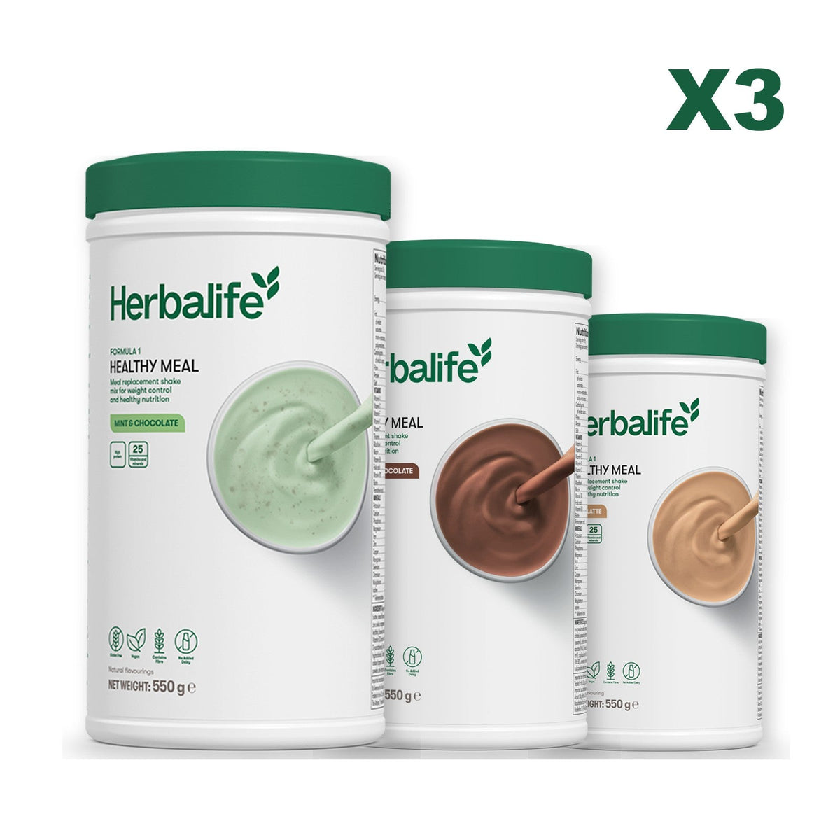 Three Formula 1 shake tubs led by Mint Chocolate, plus two flavours you choose, Chocolate / Cafe Latte