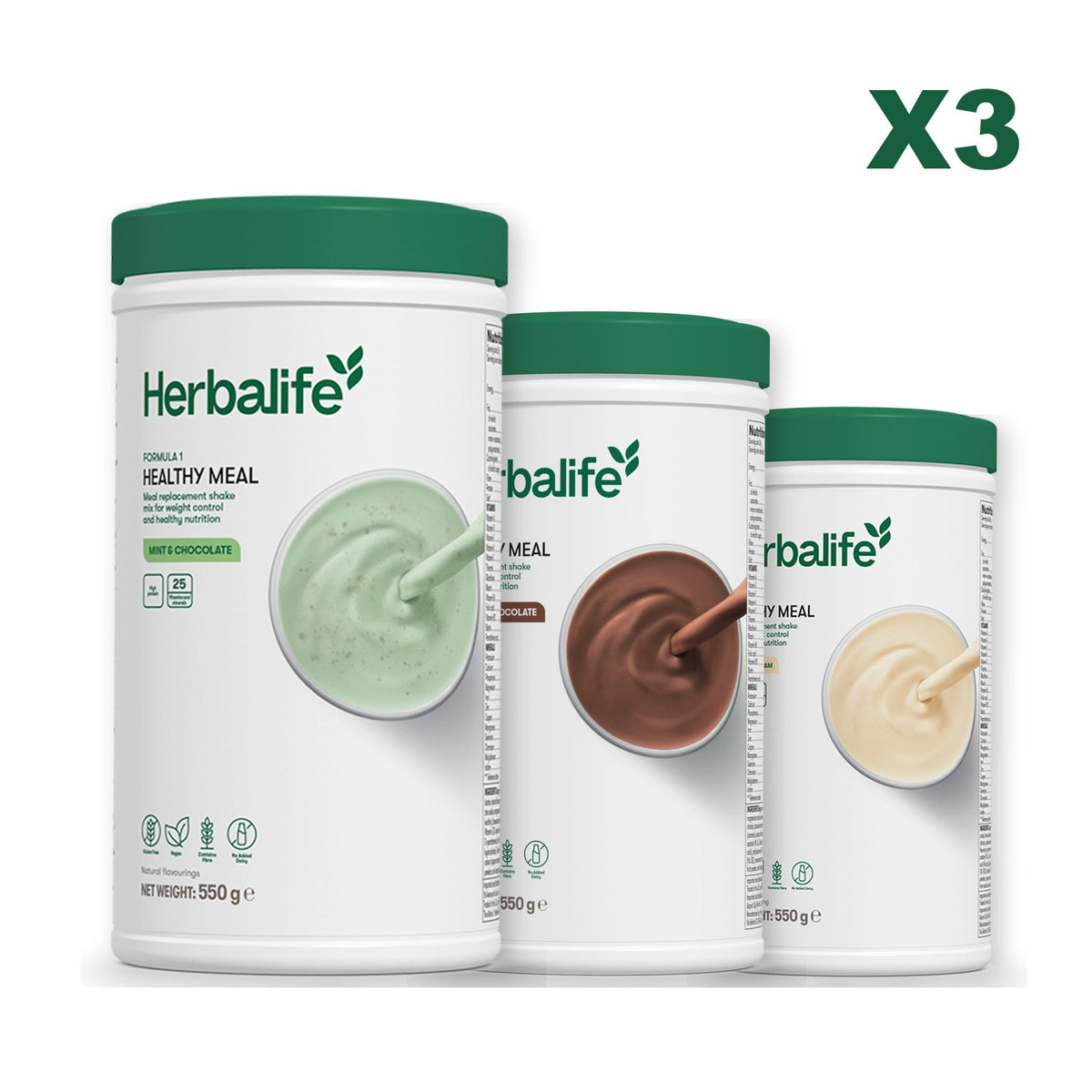 Three Formula 1 shake tubs led by Mint Chocolate, plus two flavours you choose, Chocolate / Vanilla