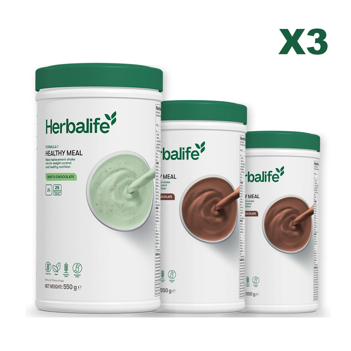 Three Formula 1 shake tubs led by Mint Chocolate, plus two flavours you choose, Chocolate / Chocolate