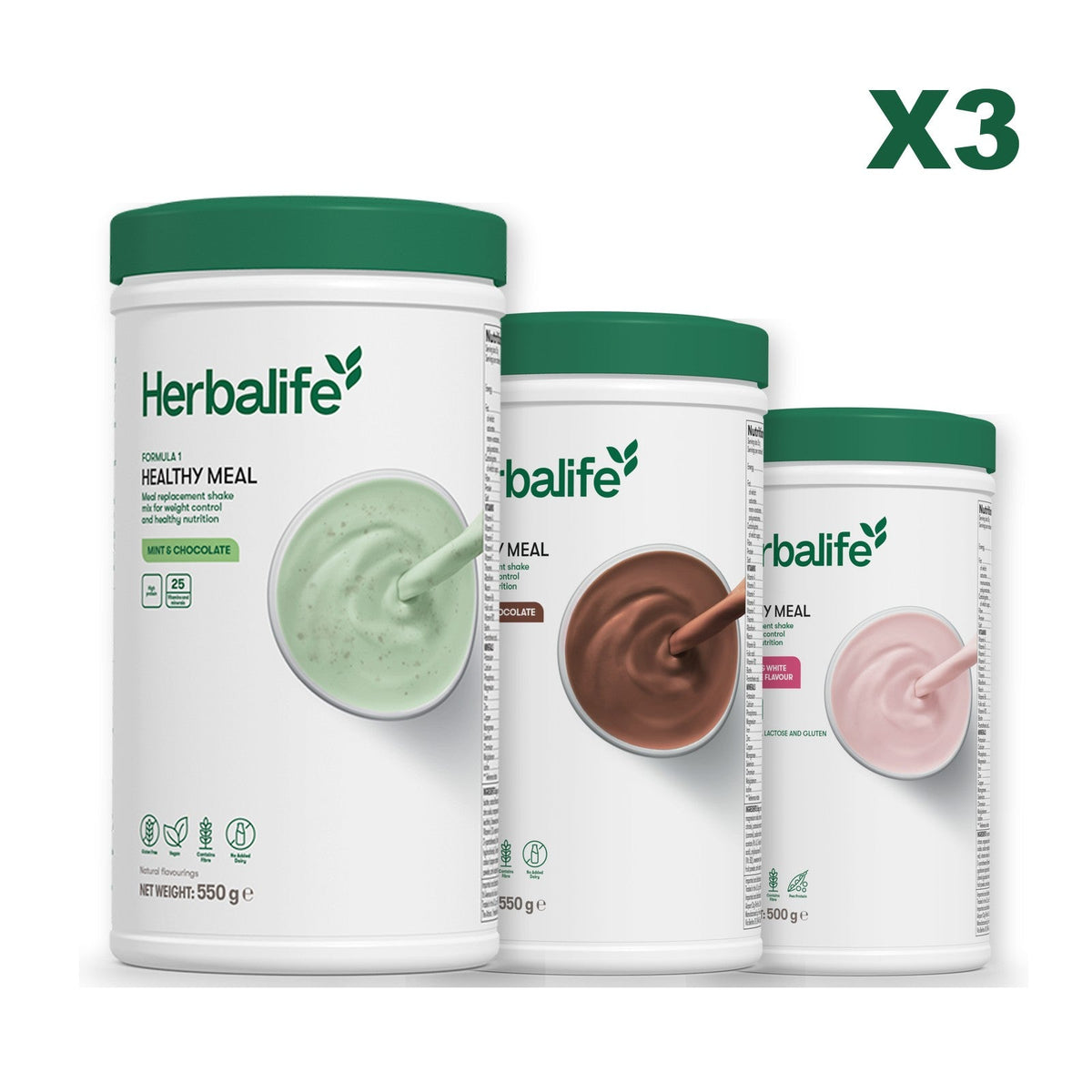 Three Formula 1 shake tubs led by Mint Chocolate, plus two flavours you choose, Chocolate / Free From Raspberry & White Chocolate
