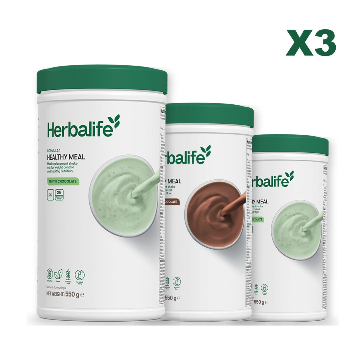 Three Formula 1 shake tubs led by Mint Chocolate, plus two flavours you choose, Chocolate / Mint Chocolate