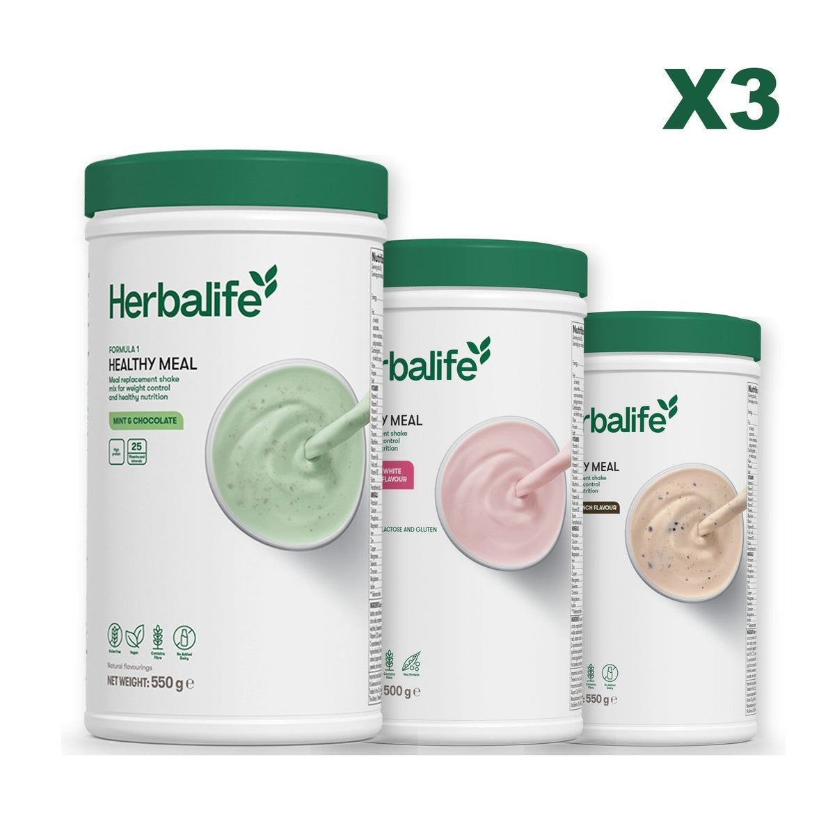 Three Formula 1 shake tubs led by Mint Chocolate, plus two flavours you choose, Free From Raspberry & White Chocolate / Cookie Crunch