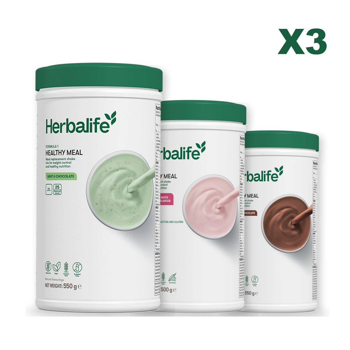 Three Formula 1 shake tubs led by Mint Chocolate, plus two flavours you choose, Free From Raspberry & White Chocolate / Chocolate