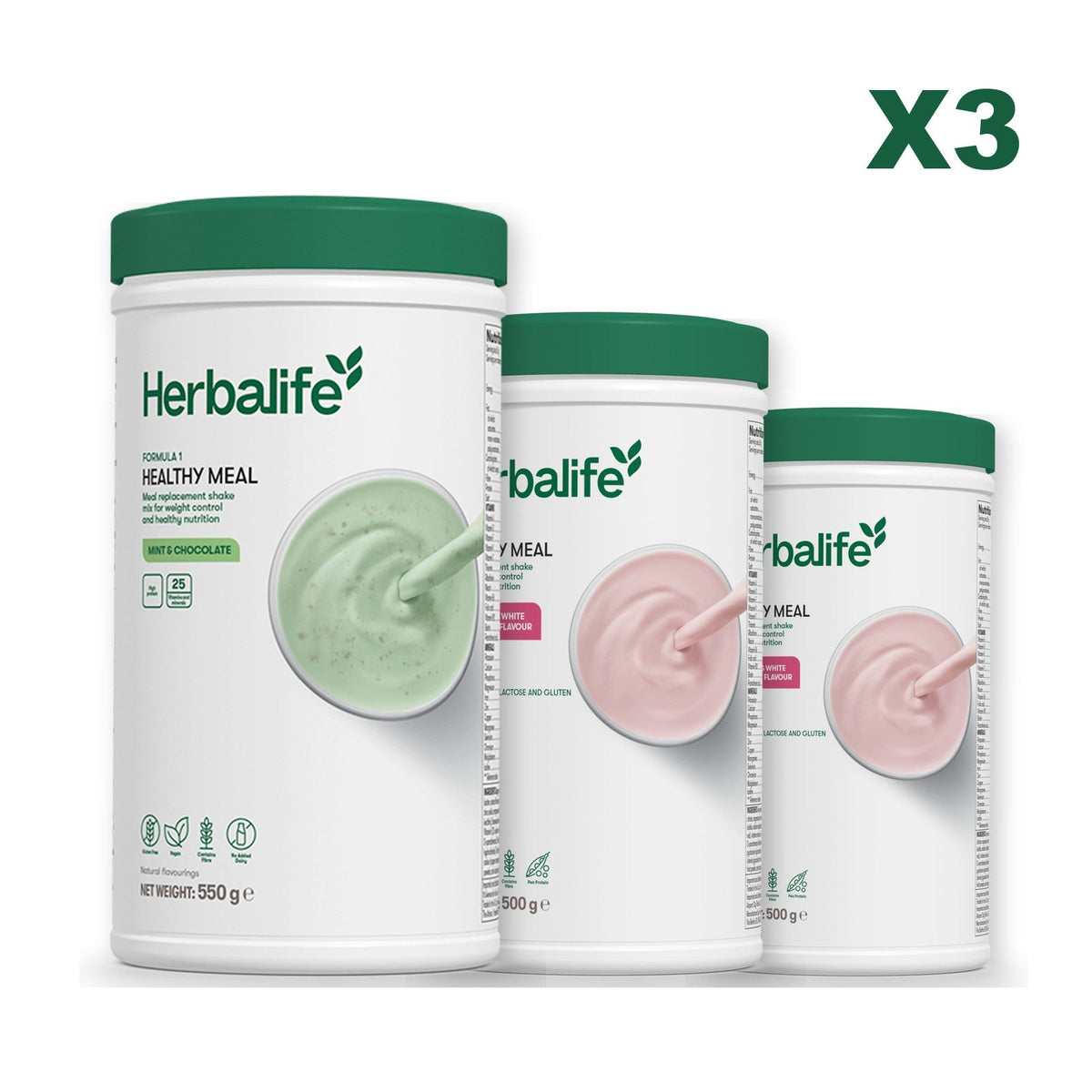 Three Formula 1 shake tubs led by Mint Chocolate, plus two flavours you choose, Free From Raspberry & White Chocolate / Free From Raspberry & White Chocolate