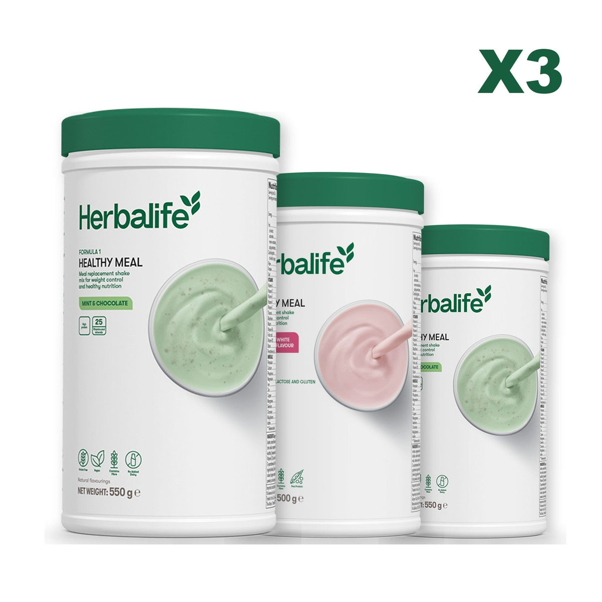 Three Formula 1 shake tubs led by Mint Chocolate, plus two flavours you choose, Free From Raspberry & White Chocolate / Mint Chocolate