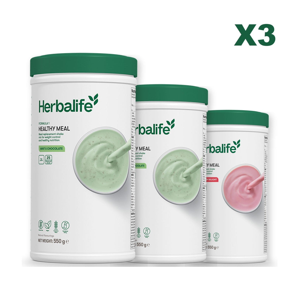 Three Formula 1 shake tubs led by Mint Chocolate, plus two flavours you choose, Mint Chocolate / Strawberry