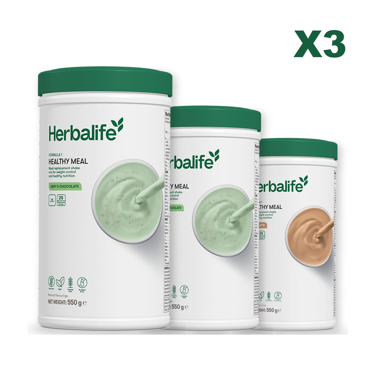 Three Formula 1 shake tubs led by Mint Chocolate, plus two flavours you choose, Mint Chocolate / Cafe Latte
