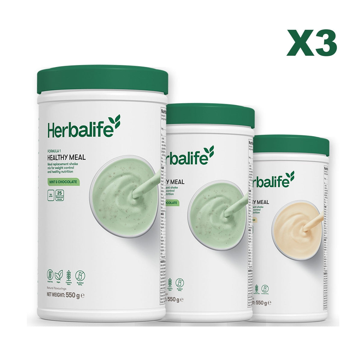 Three Formula 1 shake tubs led by Mint Chocolate, plus two flavours you choose, Mint Chocolate / Vanilla