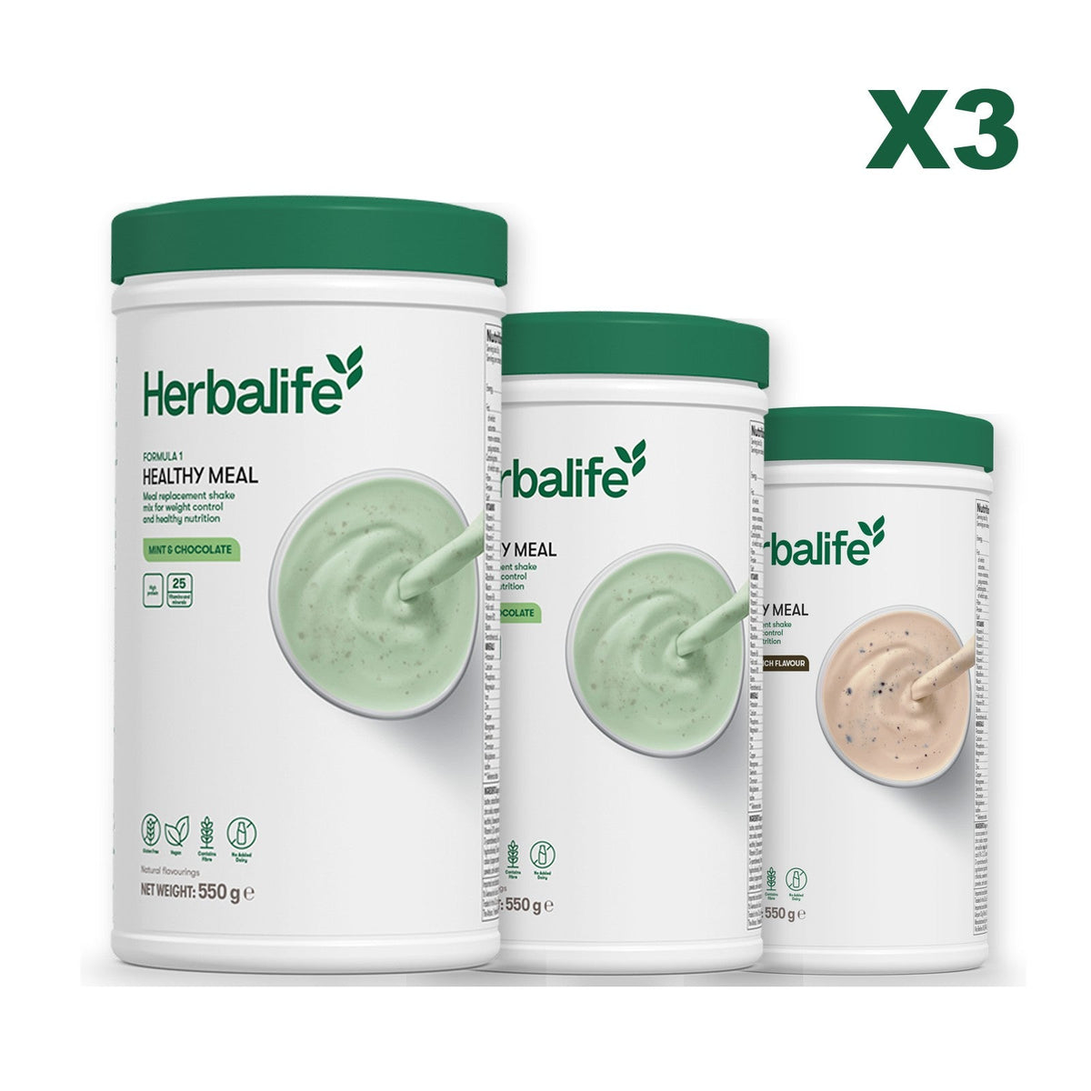 Three Formula 1 shake tubs led by Mint Chocolate, plus two flavours you choose, Mint Chocolate / Cookie Crunch