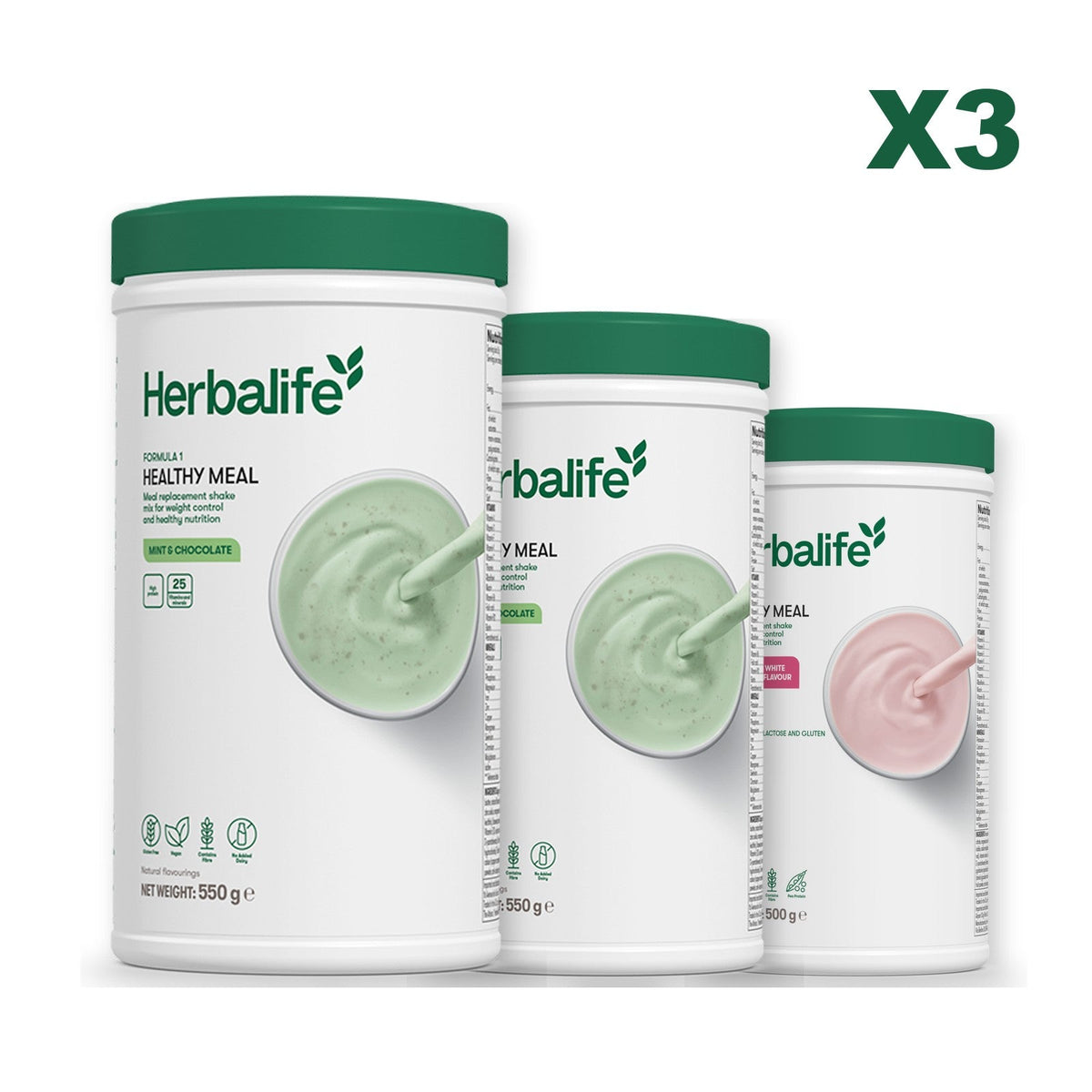 Three Formula 1 shake tubs led by Mint Chocolate, plus two flavours you choose, Mint Chocolate / Free From Raspberry & White Chocolate