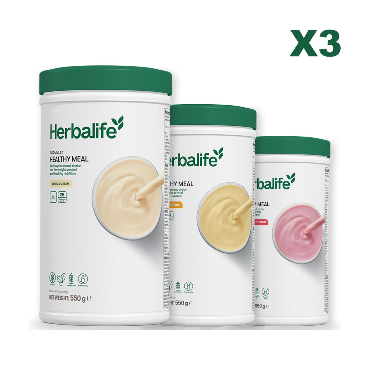 Three Formula 1 shake tubs led by Vanilla Cream, plus two flavours you choose, Banana Cream / Strawberry