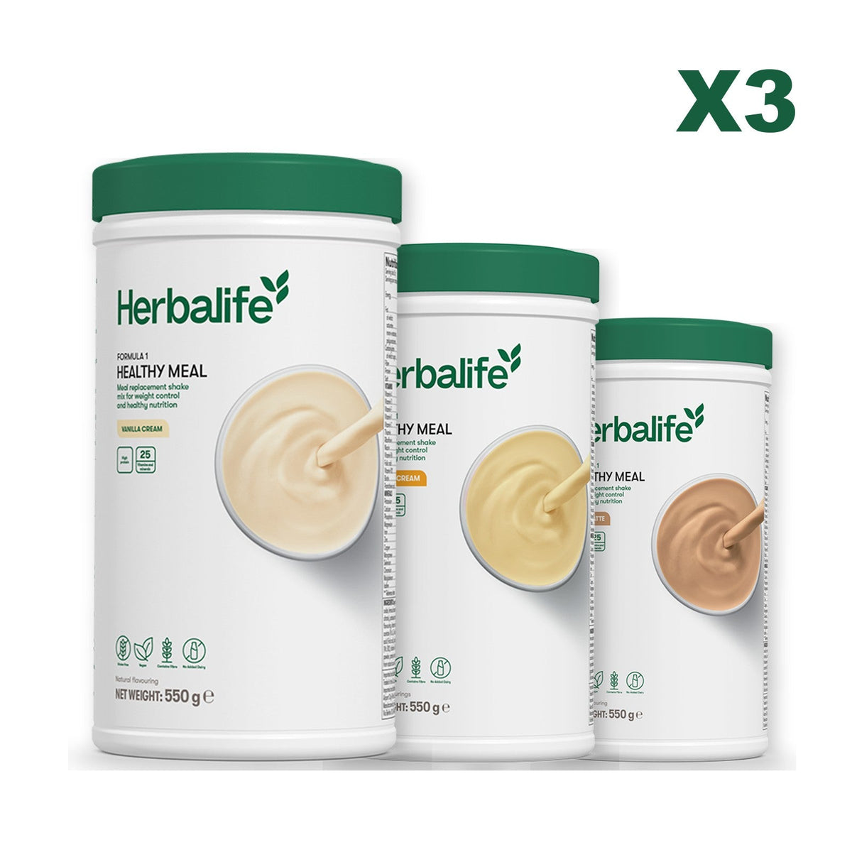 Three Formula 1 shake tubs led by Vanilla Cream, plus two flavours you choose, Banana Cream / Cafe Latte