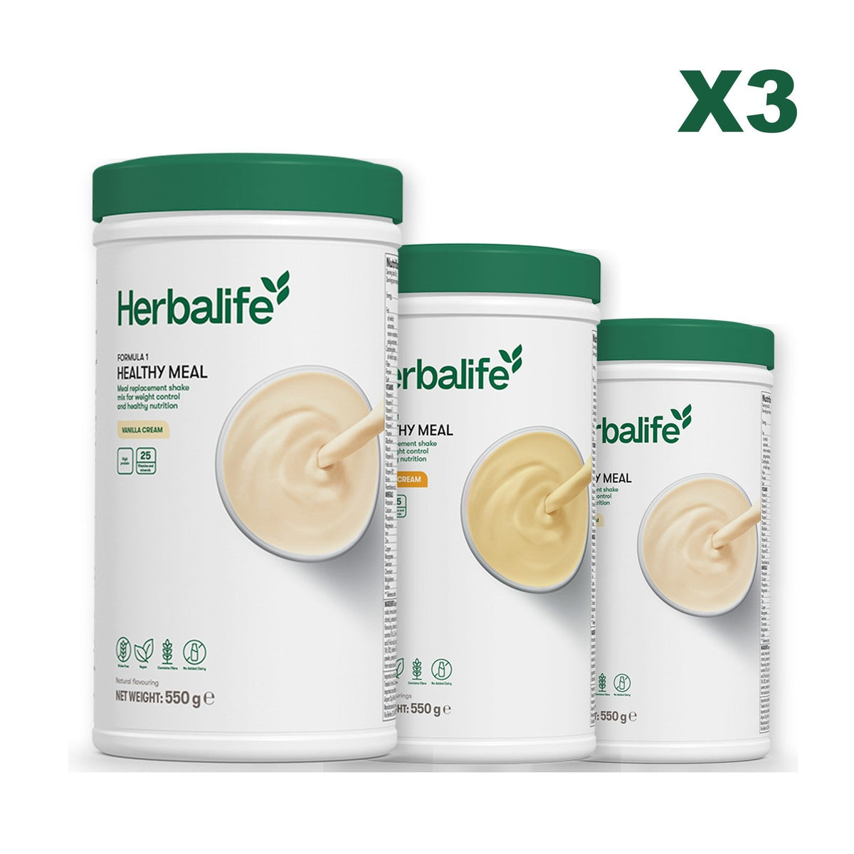 Three Formula 1 shake tubs led by Vanilla Cream, plus two flavours you choose, Banana Cream / Vanilla