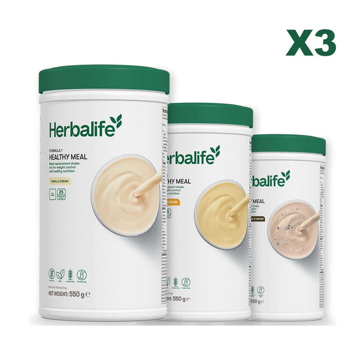 Three Formula 1 shake tubs led by Vanilla Cream, plus two flavours you choose, Banana Cream / Cookie Crunch