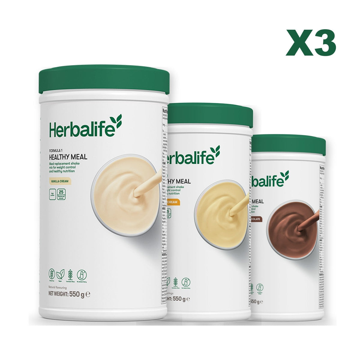 Three Formula 1 shake tubs led by Vanilla Cream, plus two flavours you choose, Banana Cream / Chocolate
