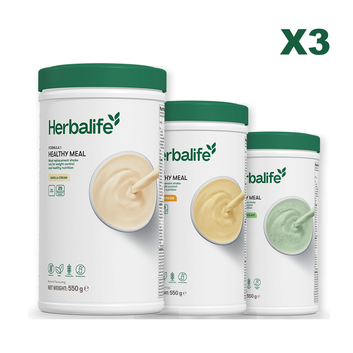 Three Formula 1 shake tubs led by Vanilla Cream, plus two flavours you choose, Banana Cream / Mint Chocolate