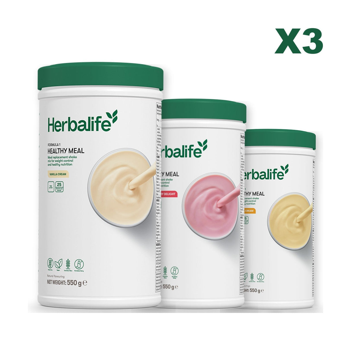 Three Formula 1 shake tubs led by Vanilla Cream, plus two flavours you choose, Strawberry / Banana Cream