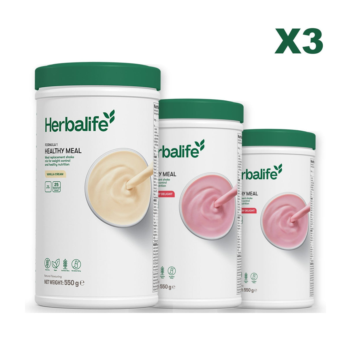 Three Formula 1 shake tubs led by Vanilla Cream, plus two flavours you choose, Strawberry / Strawberry