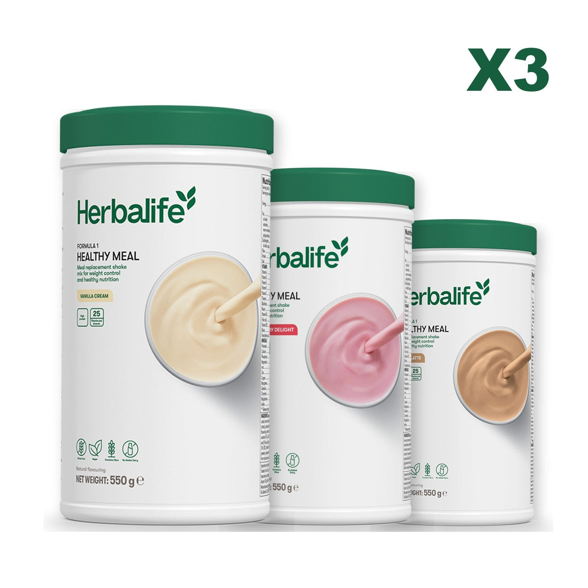 Three Formula 1 shake tubs led by Vanilla Cream, plus two flavours you choose, Strawberry / Cafe Latte