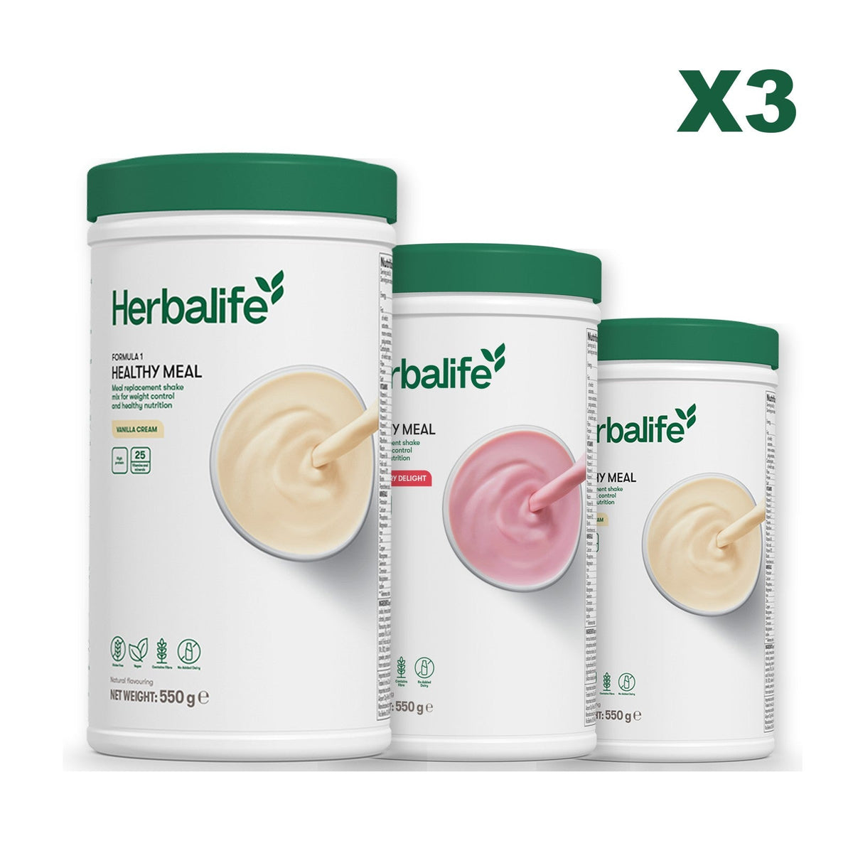 Three Formula 1 shake tubs led by Vanilla Cream, plus two flavours you choose, Strawberry / Vanilla