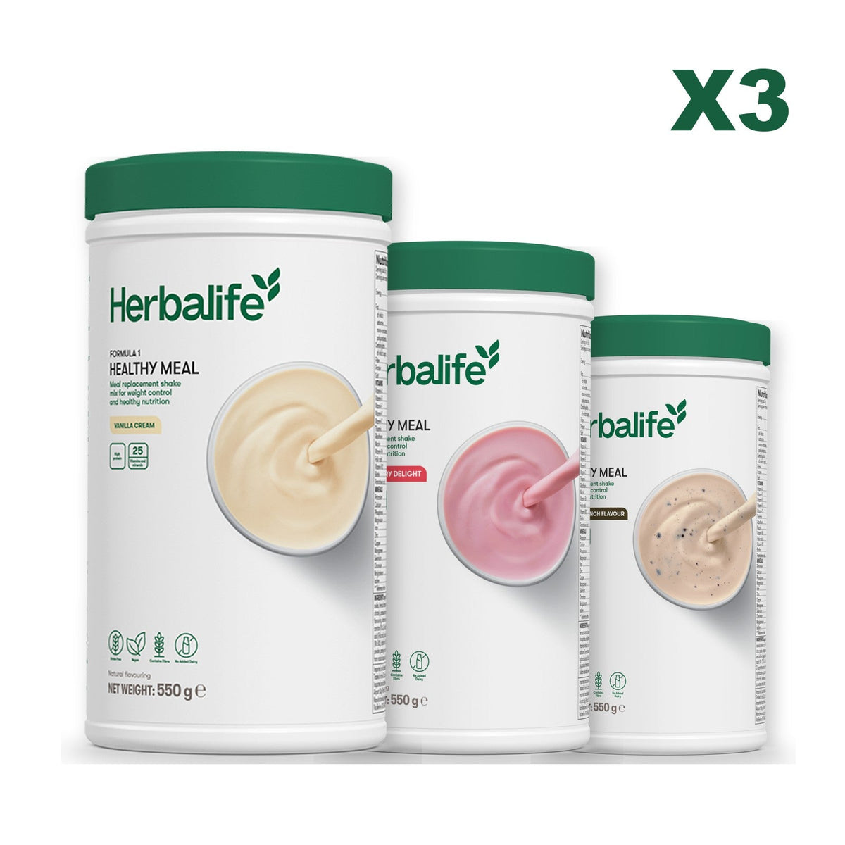 Three Formula 1 shake tubs led by Vanilla Cream, plus two flavours you choose, Strawberry / Cookie Crunch