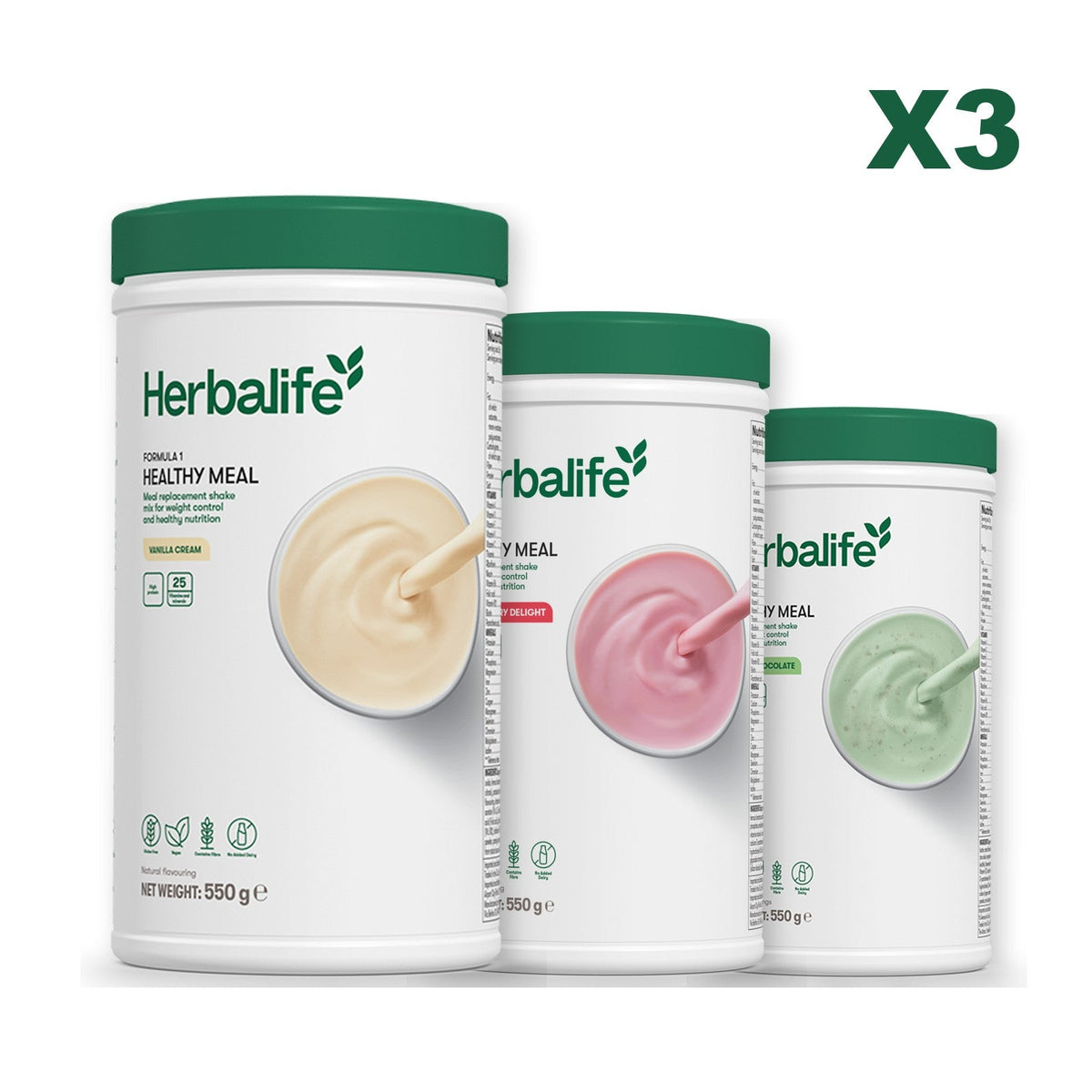 Three Formula 1 shake tubs led by Vanilla Cream, plus two flavours you choose, Strawberry / Mint Chocolate