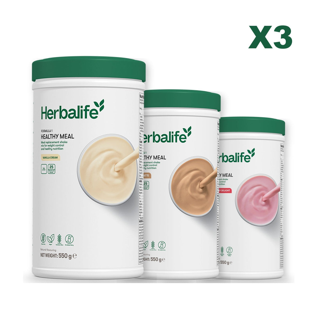 Three Formula 1 shake tubs led by Vanilla Cream, plus two flavours you choose, Cafe Latte / Strawberry