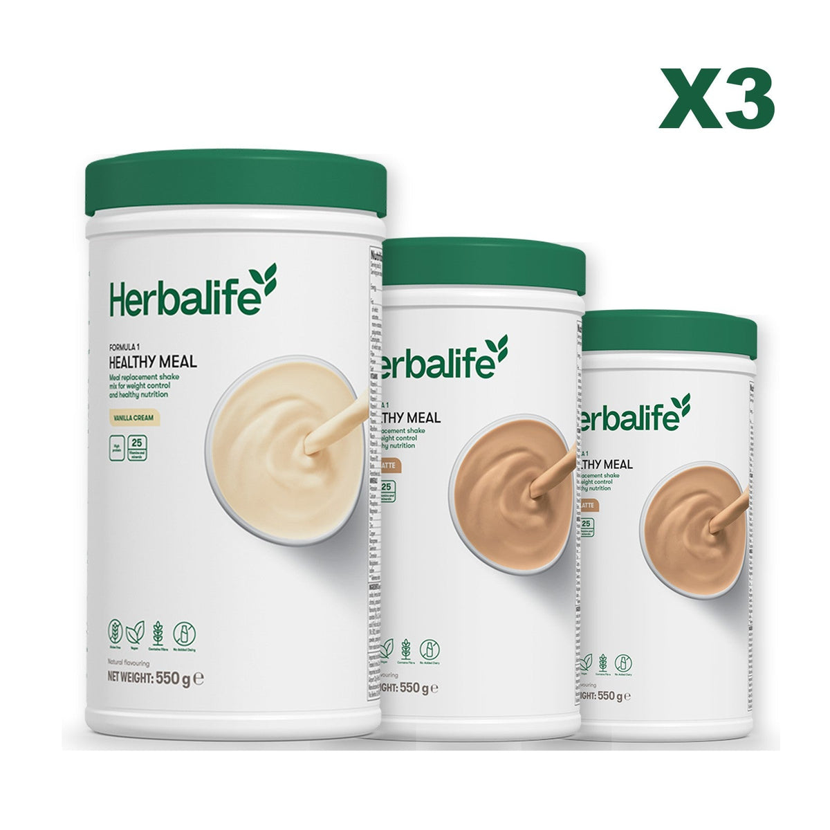 Three Formula 1 shake tubs led by Vanilla Cream, plus two flavours you choose, Cafe Latte / Cafe Latte