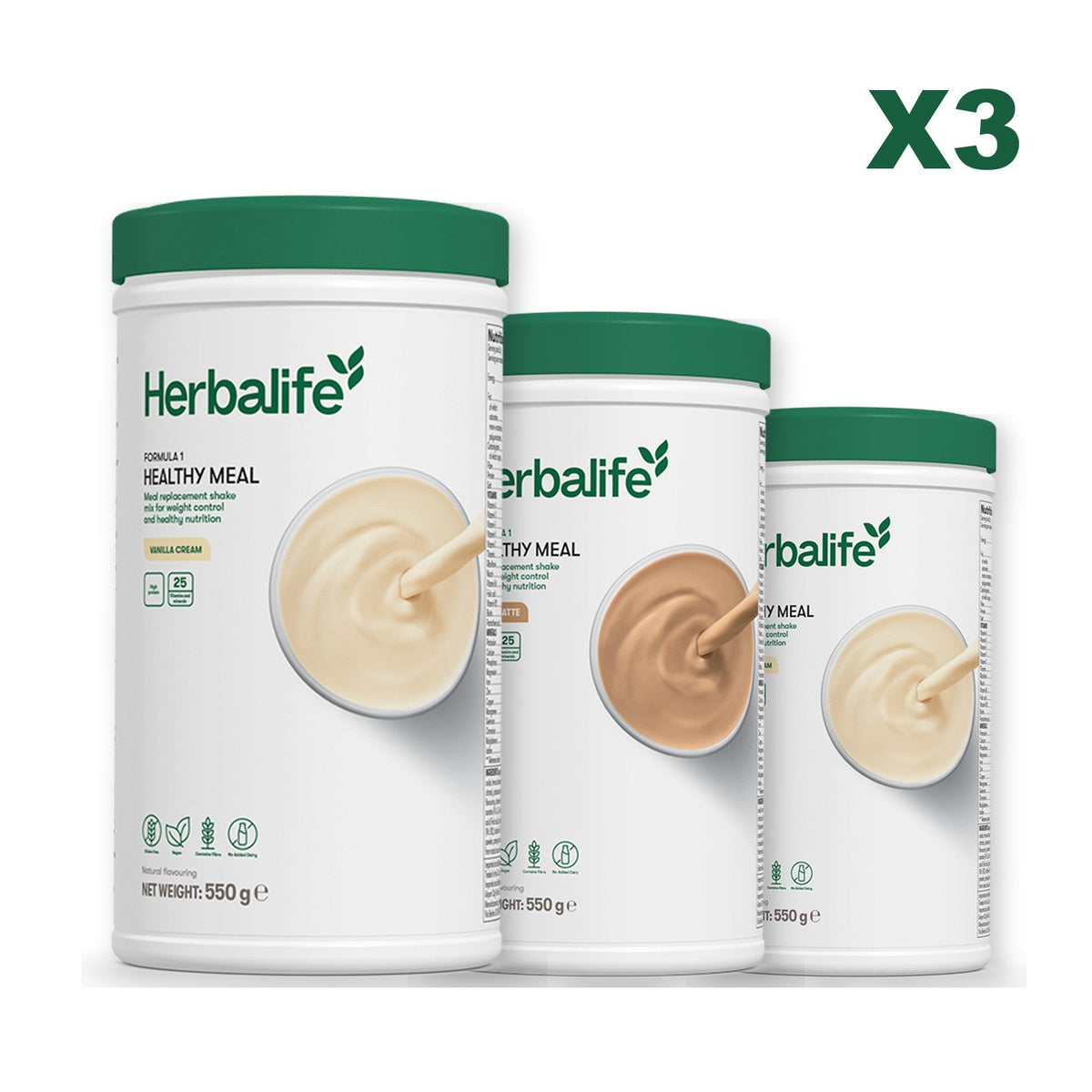 Three Formula 1 shake tubs led by Vanilla Cream, plus two flavours you choose, Cafe Latte / Vanilla