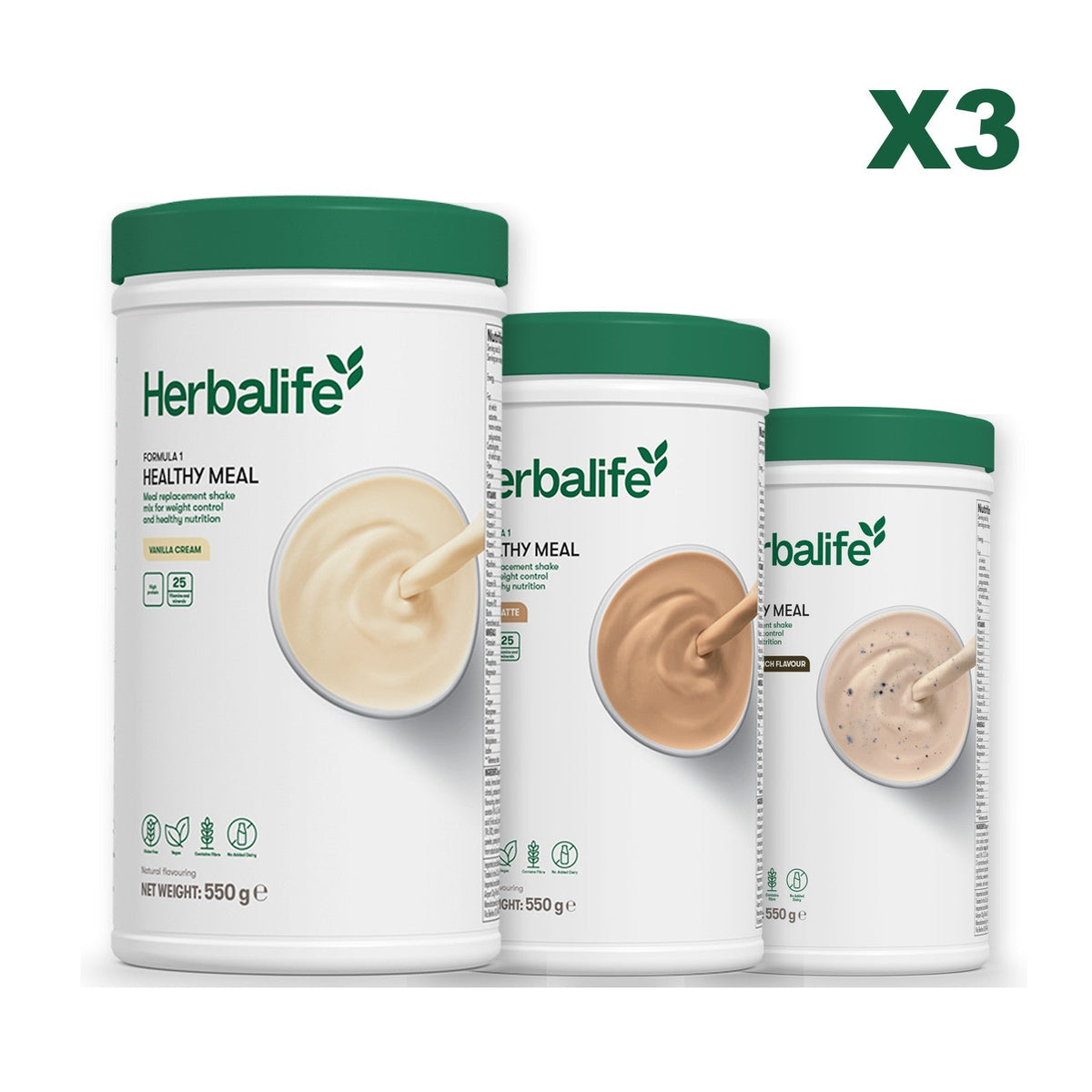 Three Formula 1 shake tubs led by Vanilla Cream, plus two flavours you choose, Cafe Latte / Cookie Crunch