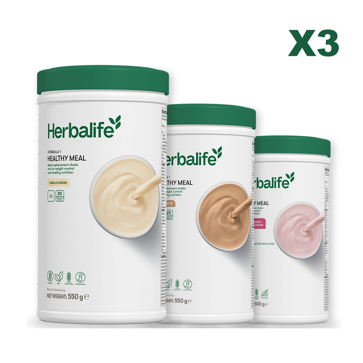 Three Formula 1 shake tubs led by Vanilla Cream, plus two flavours you choose, Cafe Latte / Free From Raspberry & White Chocolate