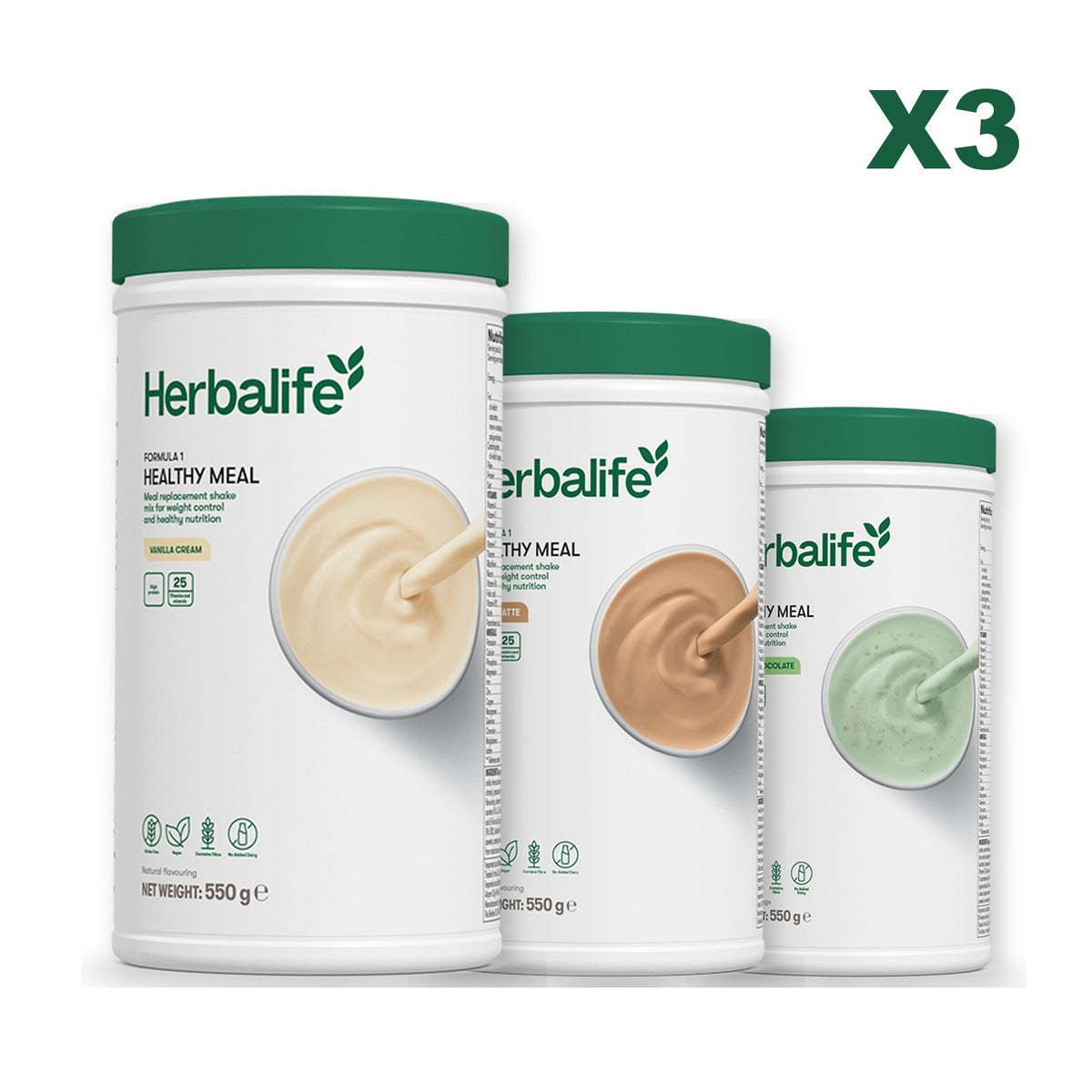Three Formula 1 shake tubs led by Vanilla Cream, plus two flavours you choose, Cafe Latte / Mint Chocolate