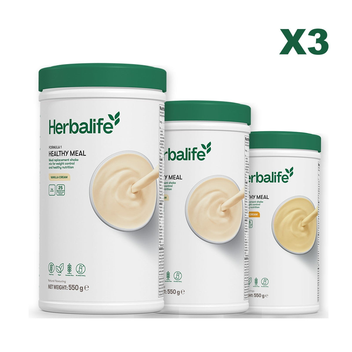 Three Formula 1 shake tubs led by Vanilla Cream, plus two flavours you choose, Vanilla / Banana Cream