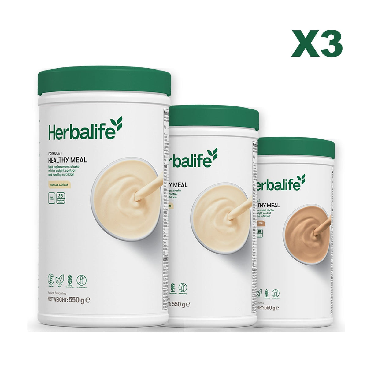 Three Formula 1 shake tubs led by Vanilla Cream, plus two flavours you choose, Vanilla / Cafe Latte