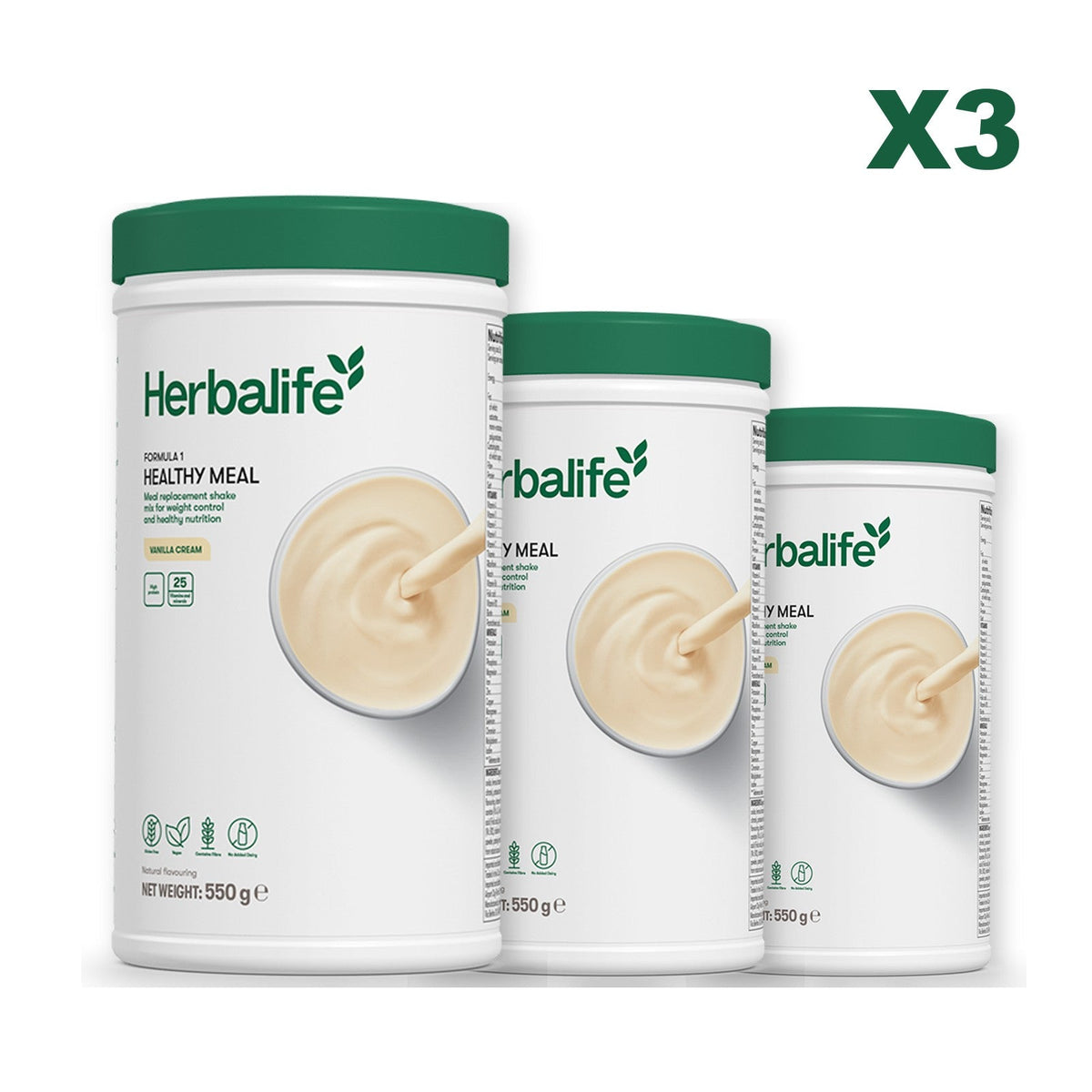 Three Formula 1 shake tubs led by Vanilla Cream, plus two flavours you choose, Vanilla / Vanilla