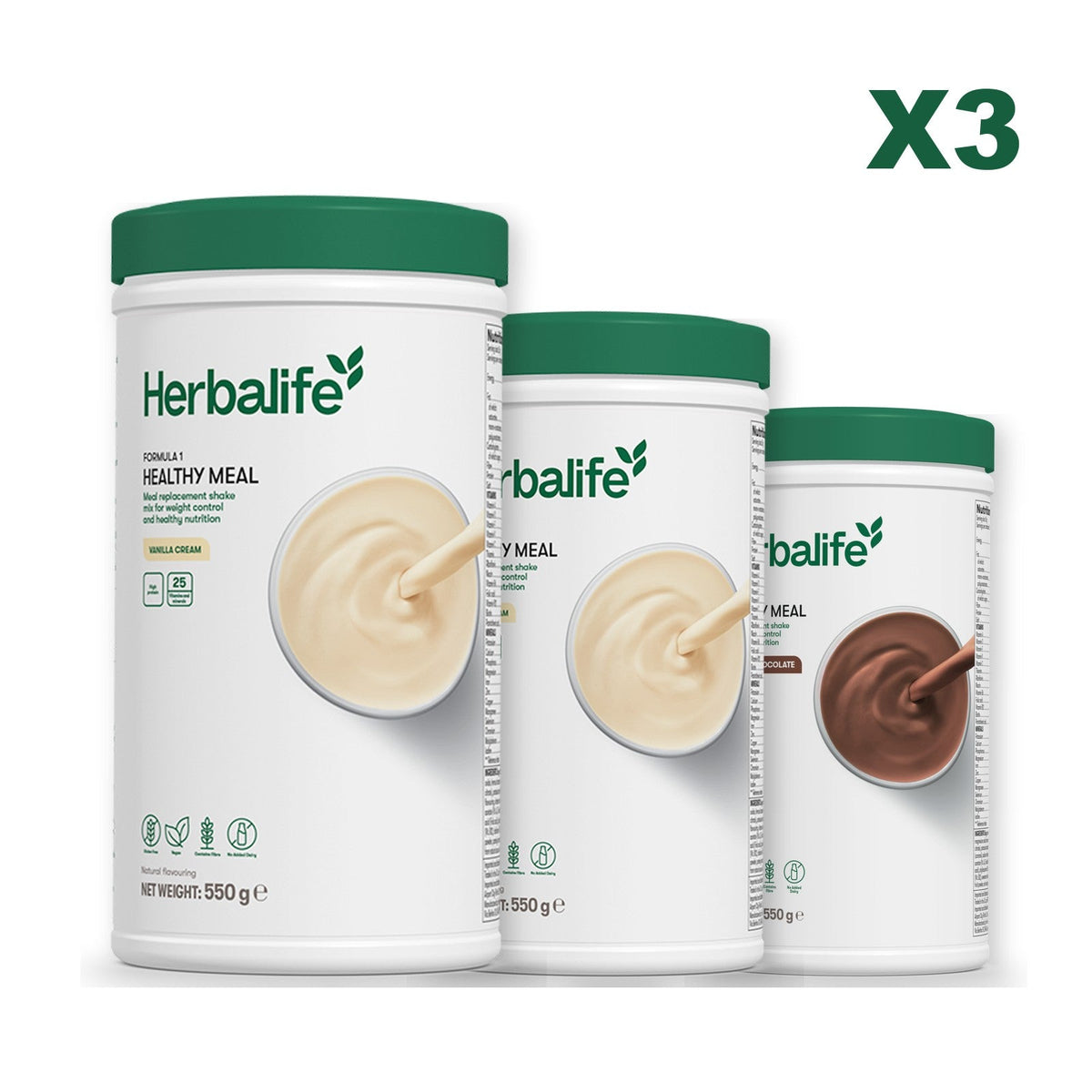 Three Formula 1 shake tubs led by Vanilla Cream, plus two flavours you choose, Vanilla / Chocolate