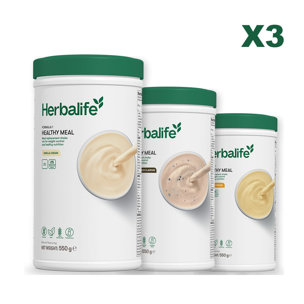Three Formula 1 shake tubs led by Vanilla Cream, plus two flavours you choose, Cookie Crunch / Banana Cream